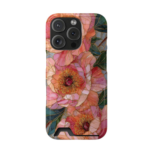 Stained Glass Peony phone case with card holder back view with coral peonies