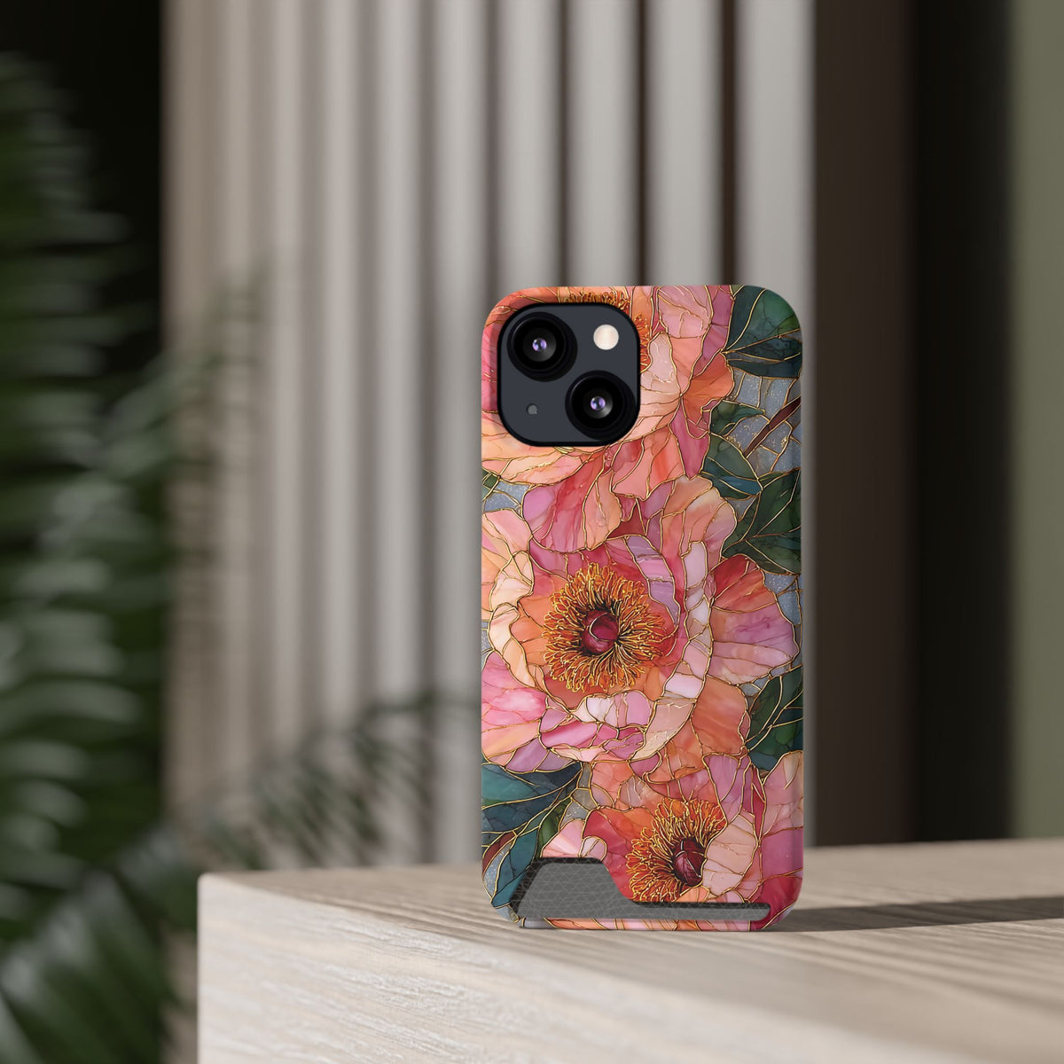 Stained Glass Peony card holder phone case on an iPhone standing on a shelf