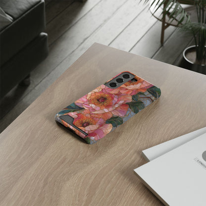 Stained Glass Peony card holder phone case lying on a wooden desk