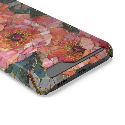Stained Glass Peony card holder phone case showing the card slot