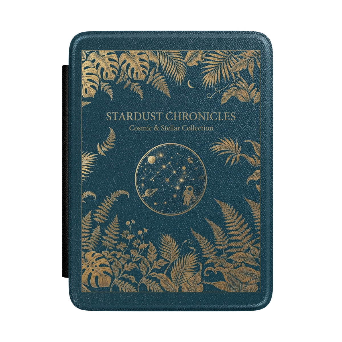 Stardust Chronicles Kindle case front with gold ferns and a constellation medallion on teal