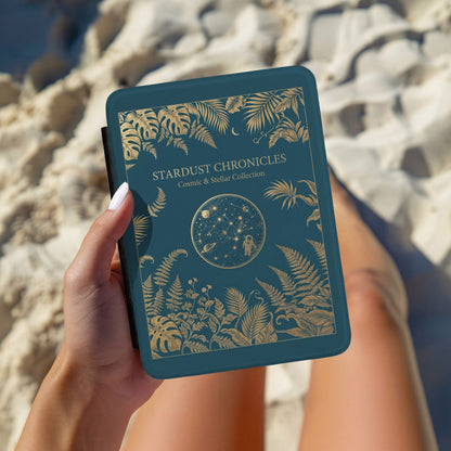 Stardust Chronicles Kindle case held in hand over striped bedding
