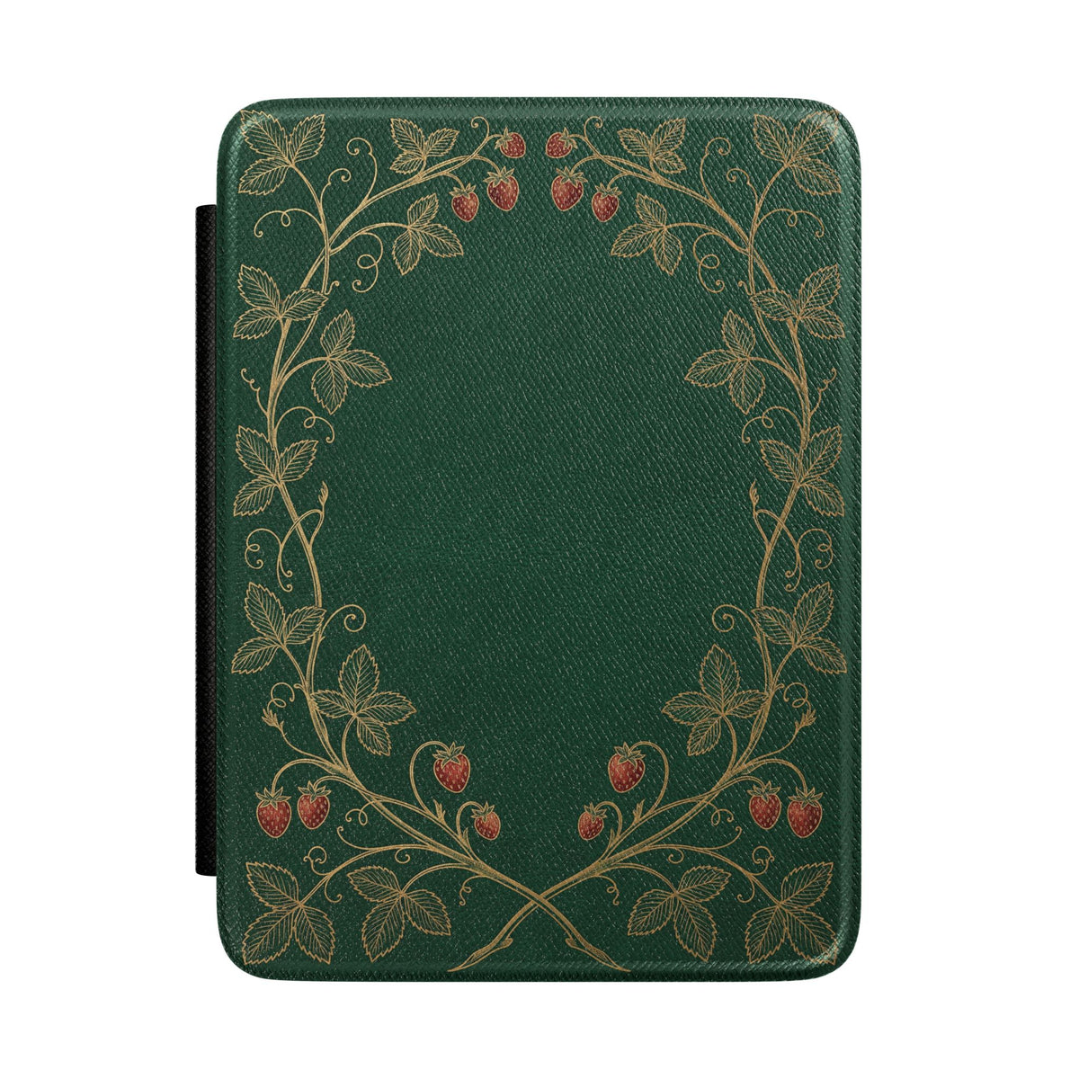 Strawberry Vine Kindle case front with gold vines on emerald green