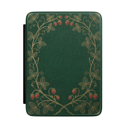 Strawberry Vine Kindle case front with gold vines on emerald green