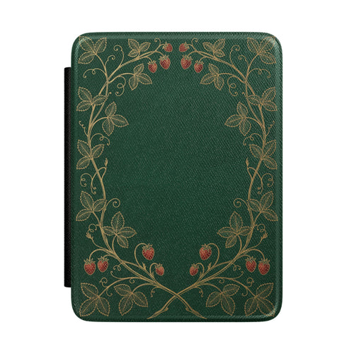 Strawberry Vine Kindle case front with gold vines on emerald green