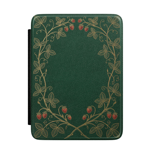 Strawberry Vine Kindle case front with gold vines on emerald green