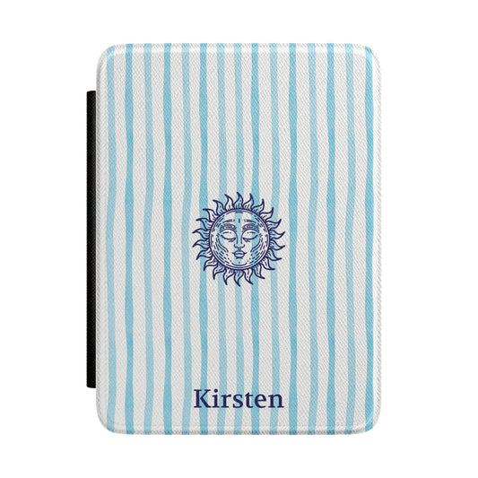 Sunny Striped Blue Kindle case front with personalized name