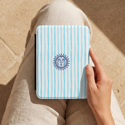 Sunny Striped Blue Kindle case held on the lap while reading