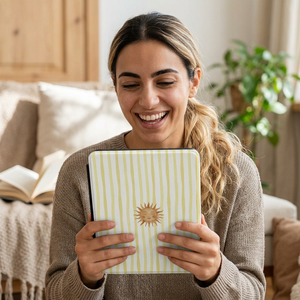 Sunny Striped Kindle case held while reading on the sofa