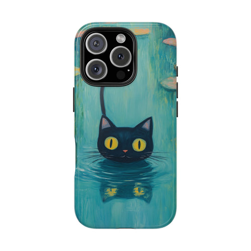 Swimming Black Cat tough phone case, back view with a painted black cat in a turquoise pond