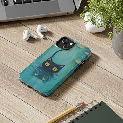 Swimming Black Cat tough phone case on a wooden desk next to AirPods and a notebook