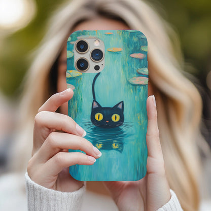Woman holding up the Swimming Black Cat tough phone case in front of her face