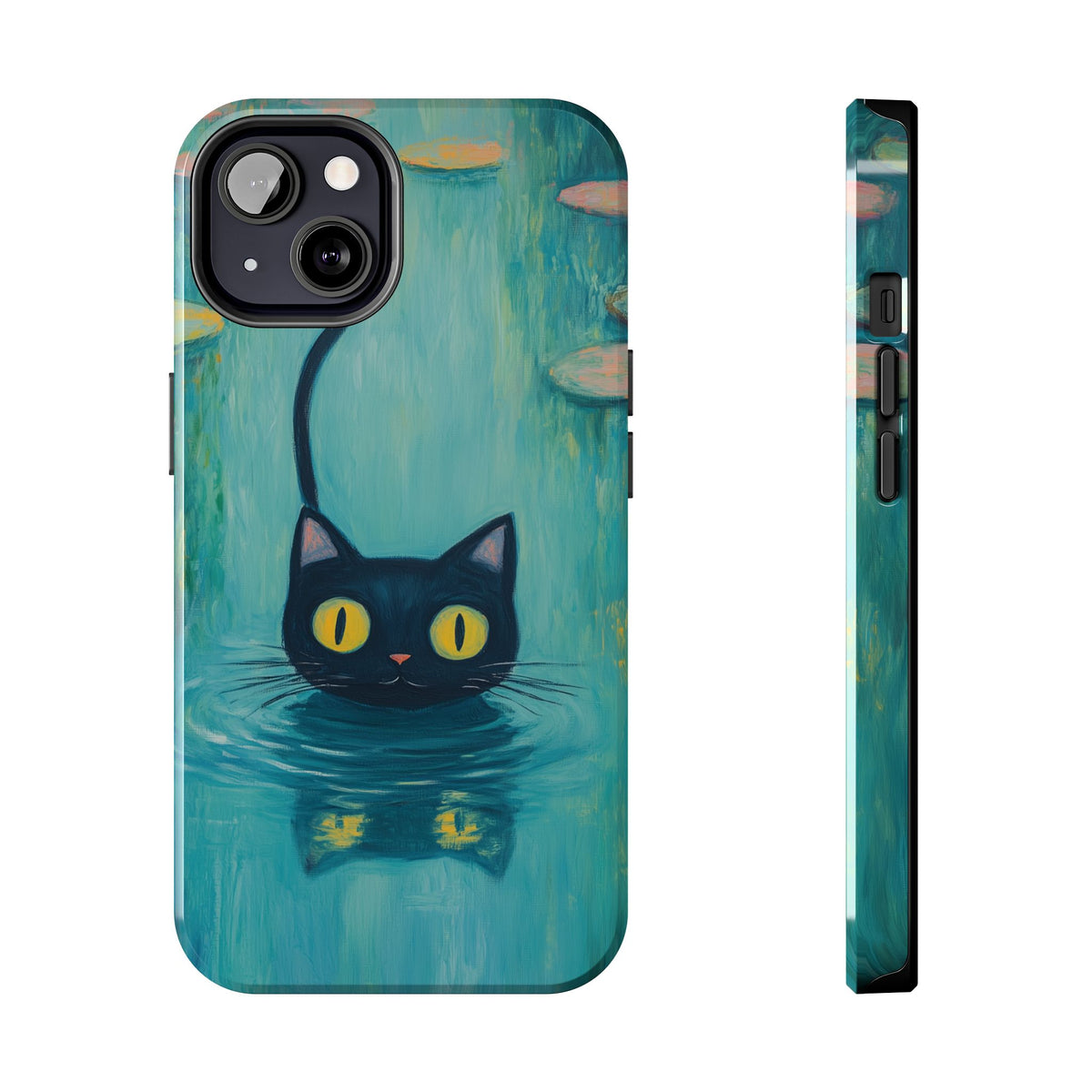 Swimming Black Cat tough phone case shown from the back and side