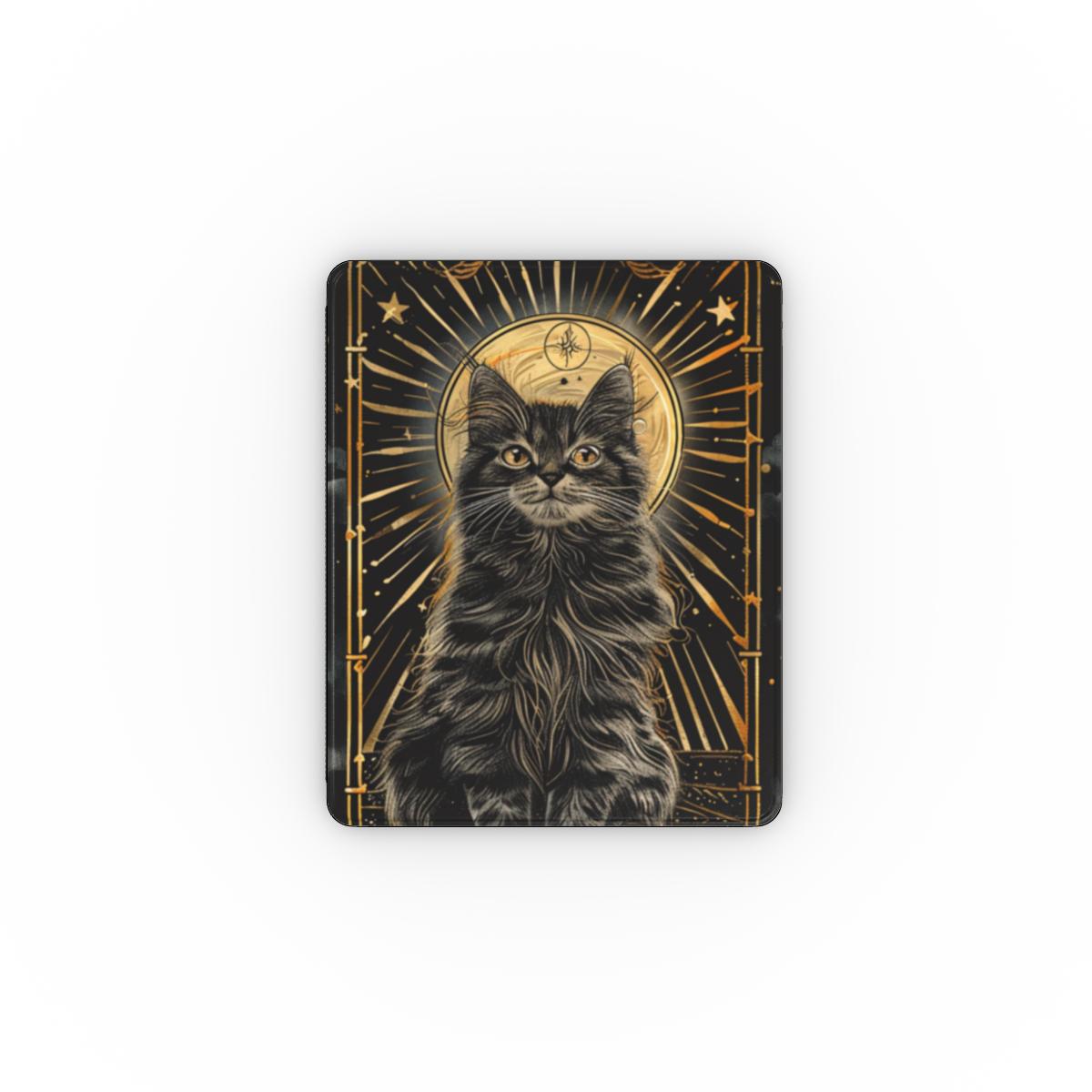 Tarot Cat iPad case front cover with a tabby cat and gold crescent moon