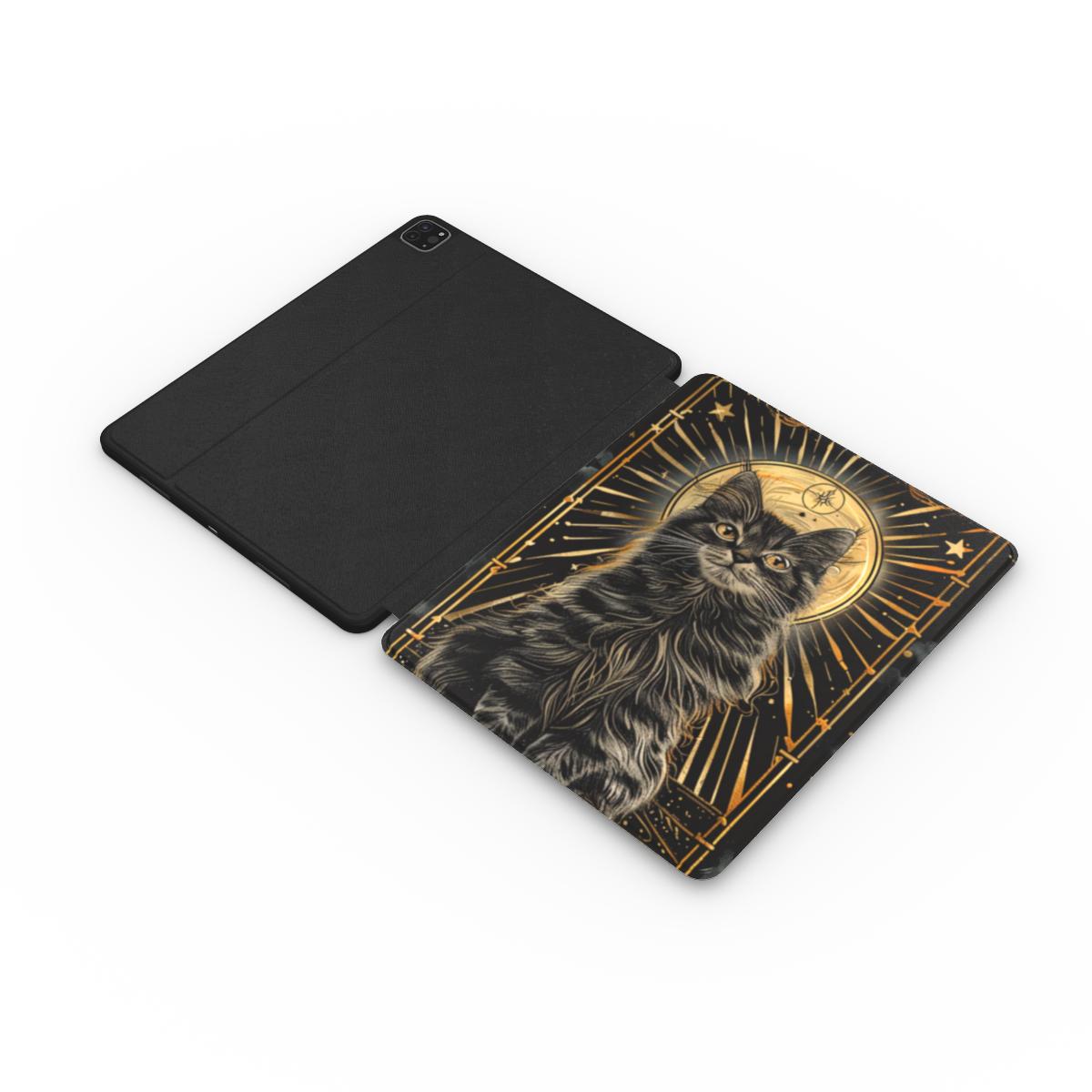 Tarot Cat iPad case opened flat showing the printed front and black back