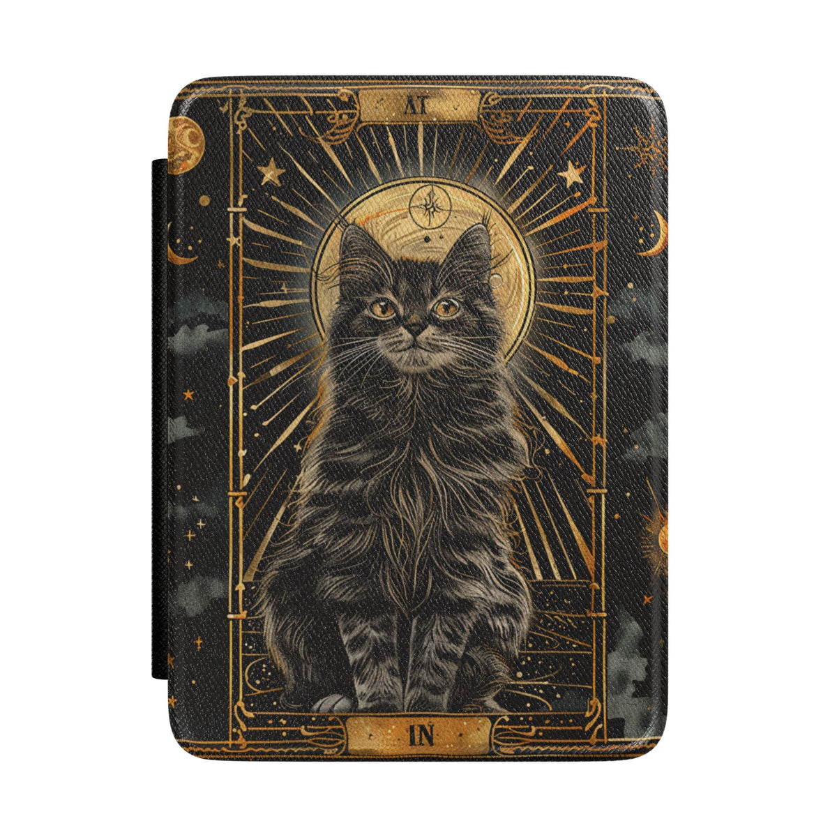 Tarot Cat Kindle case front cover with a tabby cat and gold crescent moon