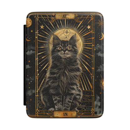 Tarot Cat Kindle case front cover with a tabby cat and gold crescent moon