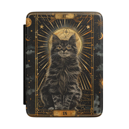 Tarot Cat Kindle case front cover with a tabby cat and gold crescent moon