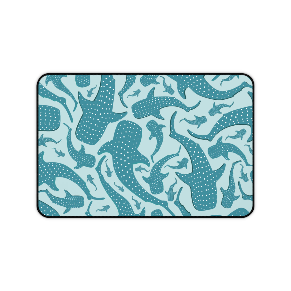 Teal Whale Shark desk mat with spotted teal sharks on pale aqua
