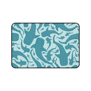 Teal Whale Shark desk mat with spotted teal sharks on pale aqua