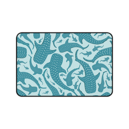 Teal Whale Shark desk mat with spotted teal sharks on pale aqua