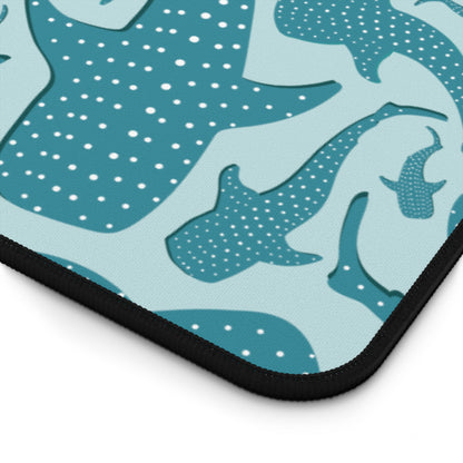 Close-up of the Teal Whale Shark desk mat stitched edge