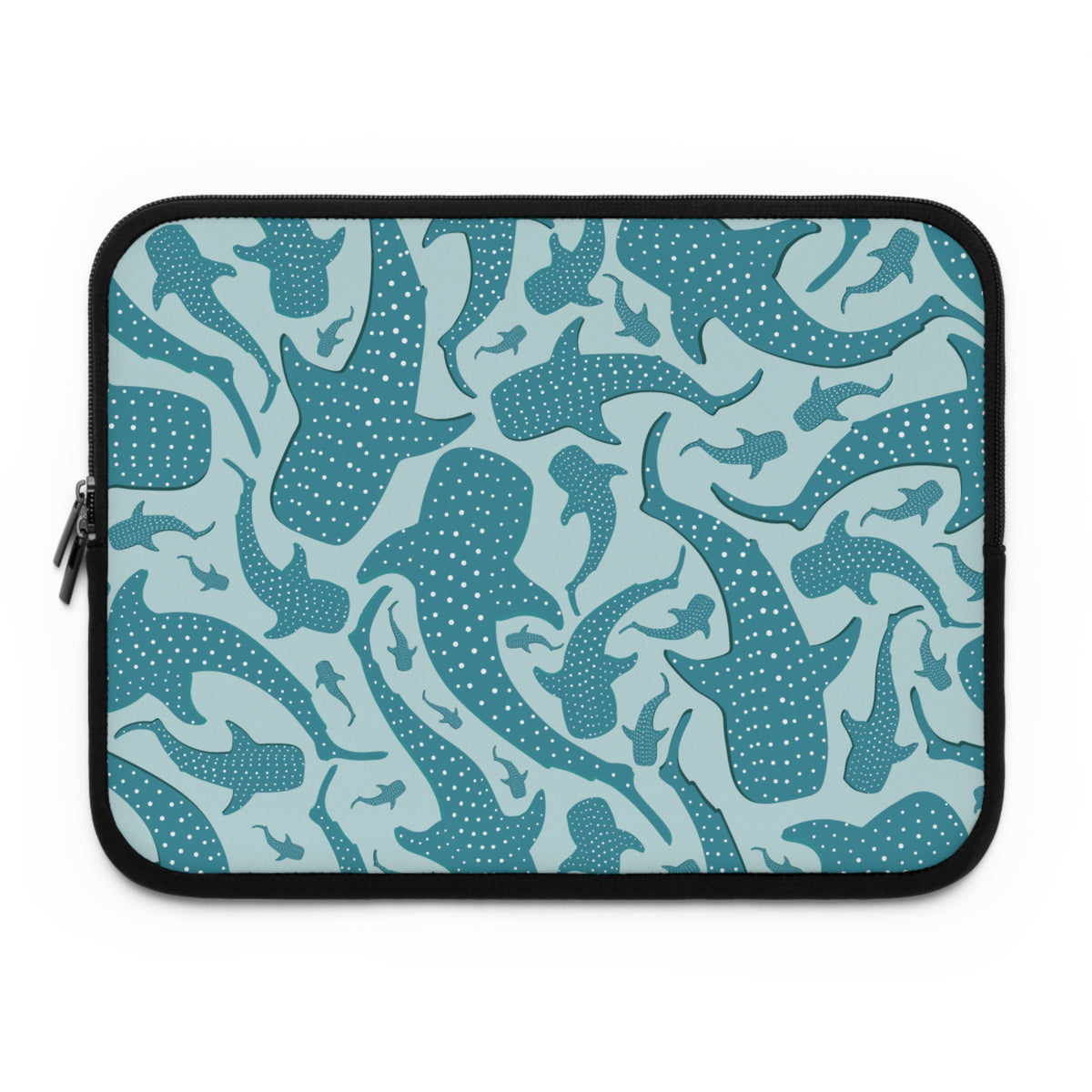 Teal Whale Shark laptop sleeve front with spotted teal sharks on pale aqua