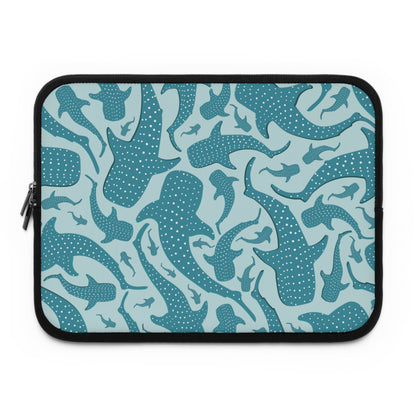 Teal Whale Shark laptop sleeve front with spotted teal sharks on pale aqua