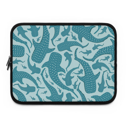 Teal Whale Shark laptop sleeve front with spotted teal sharks on pale aqua