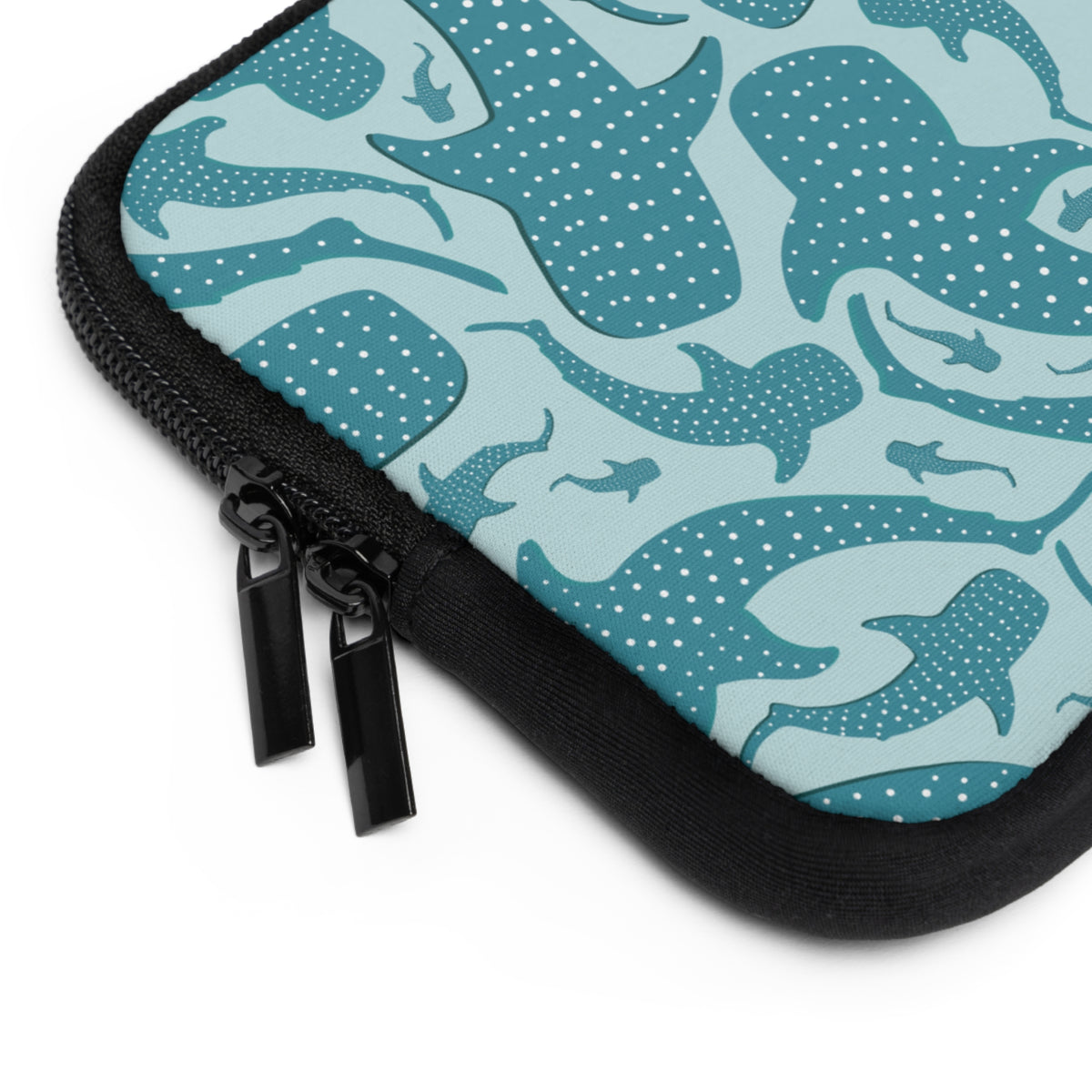 Teal Whale Shark laptop sleeve zipper detail with black trim