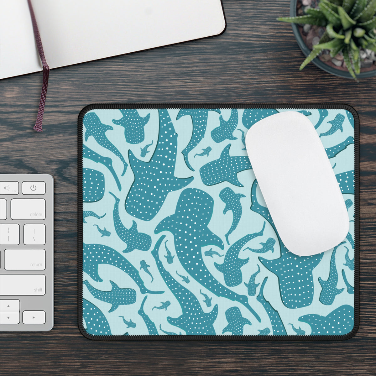 Teal Whale Shark mouse mat on a wooden desk with a keyboard and white mouse