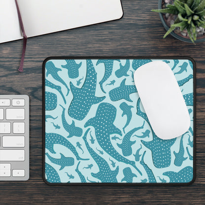Teal Whale Shark mouse mat on a wooden desk with a keyboard and white mouse