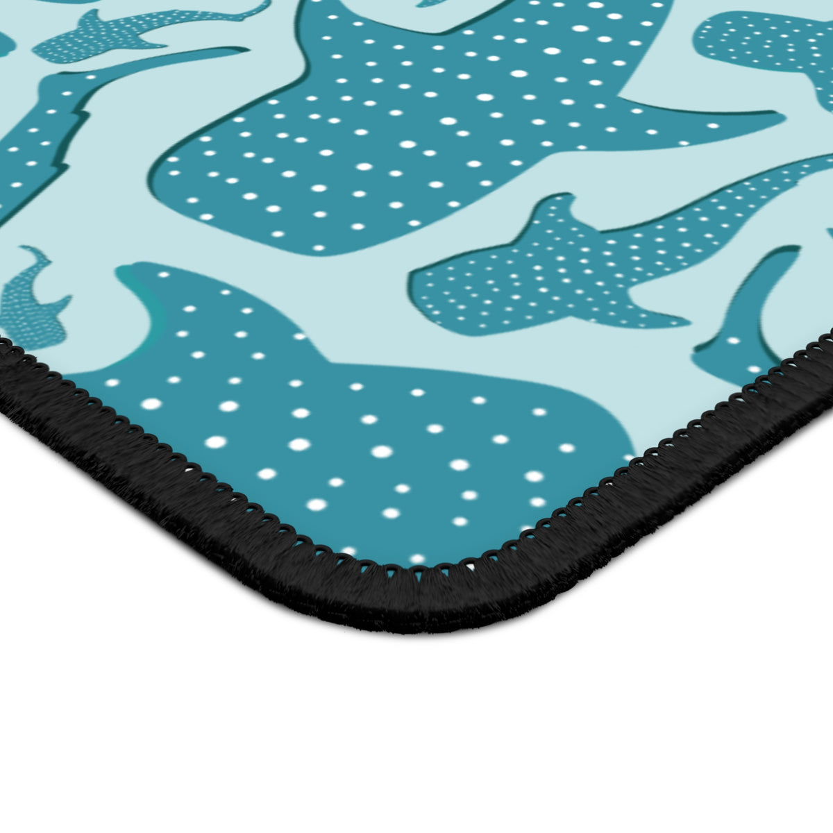 Close-up of the Teal Whale Shark mouse mat print and stitched edge