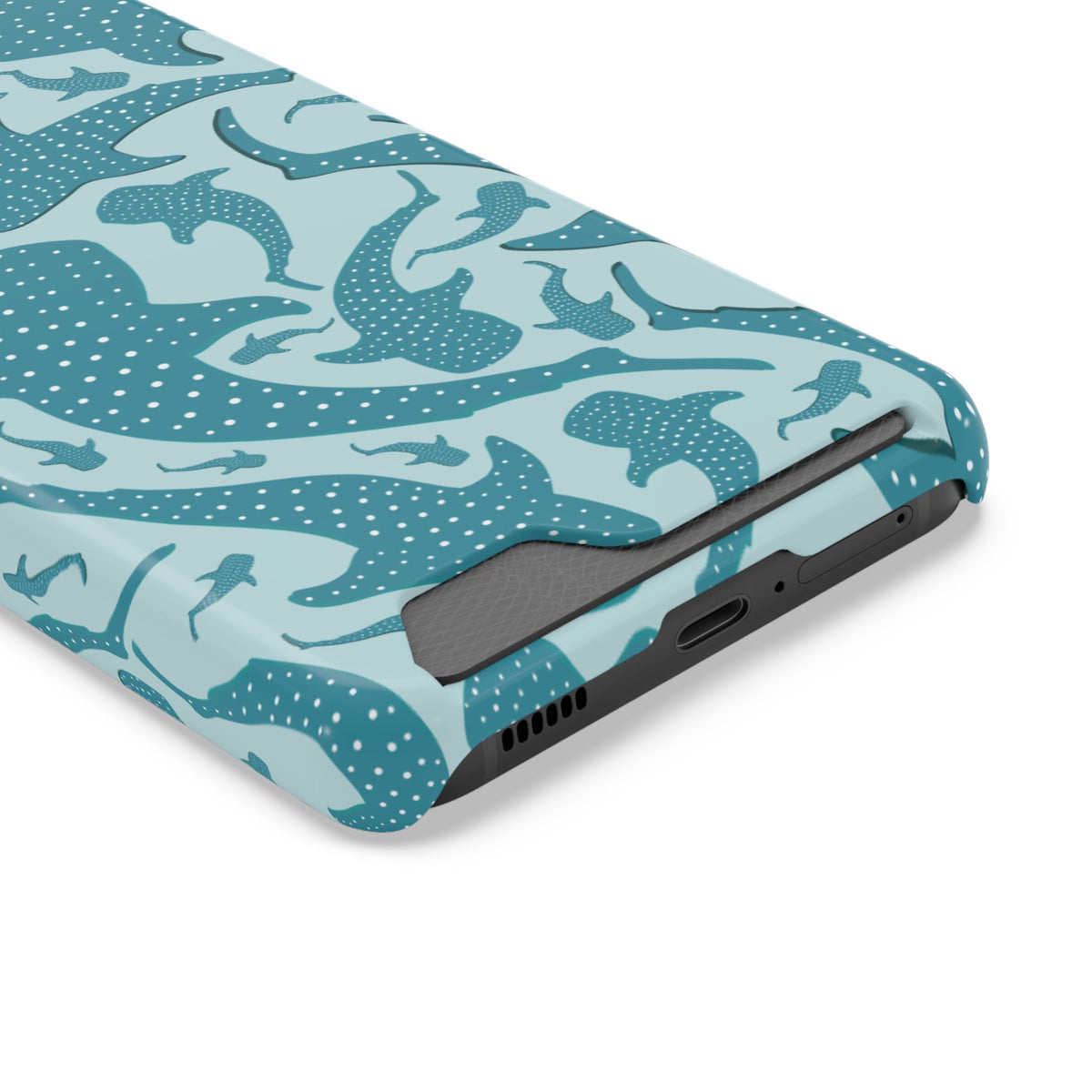 Close-up of the card slot on the Teal Whale Shark phone case