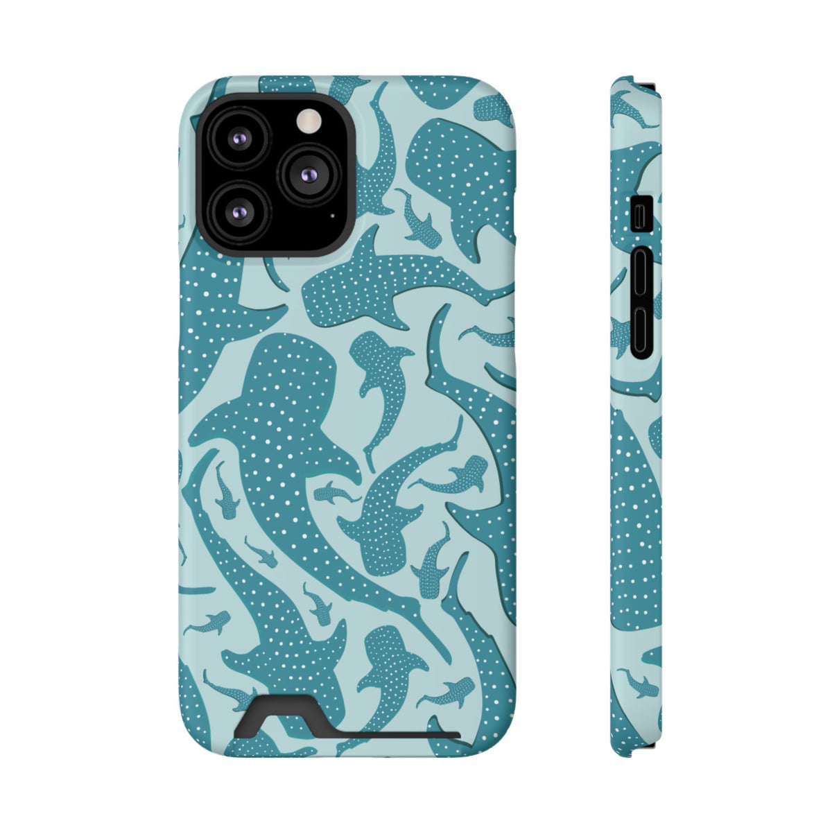 Back and side of the Teal Whale Shark phone case with card holder