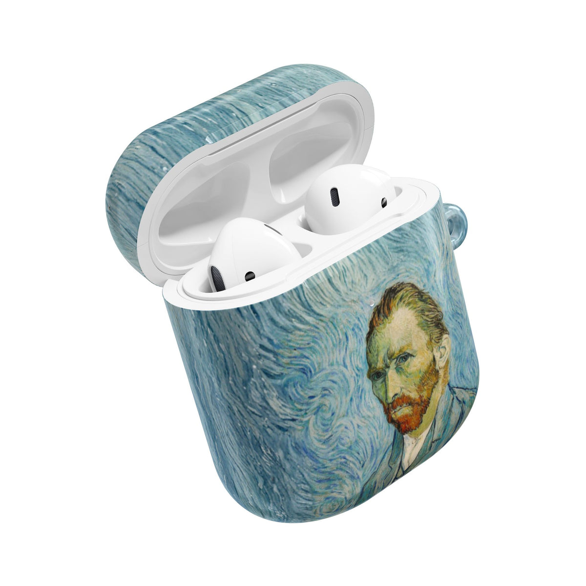 Van Gogh Portrait AirPods case open with earbuds inside