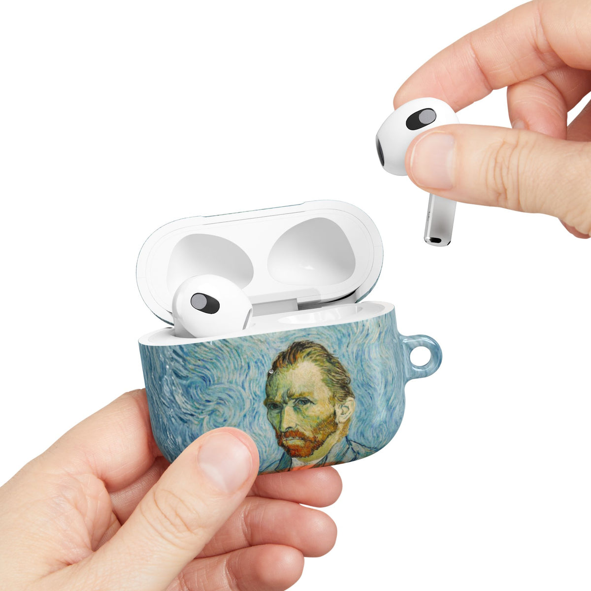 Van Gogh Portrait AirPods case held in hand