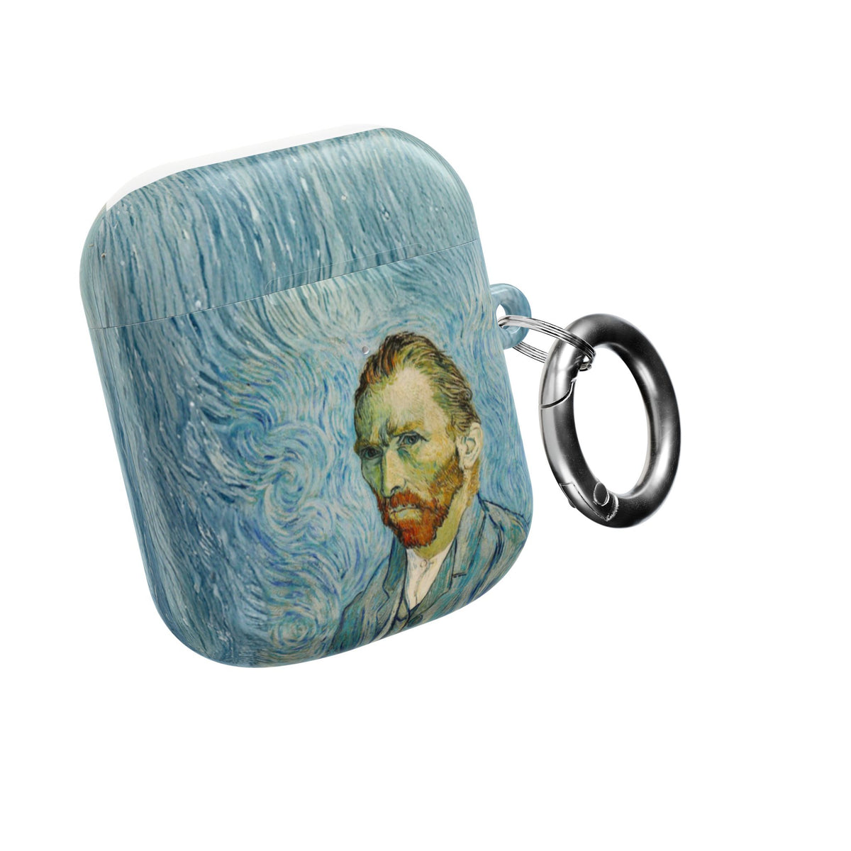 Van Gogh Portrait AirPods case angled with carabiner