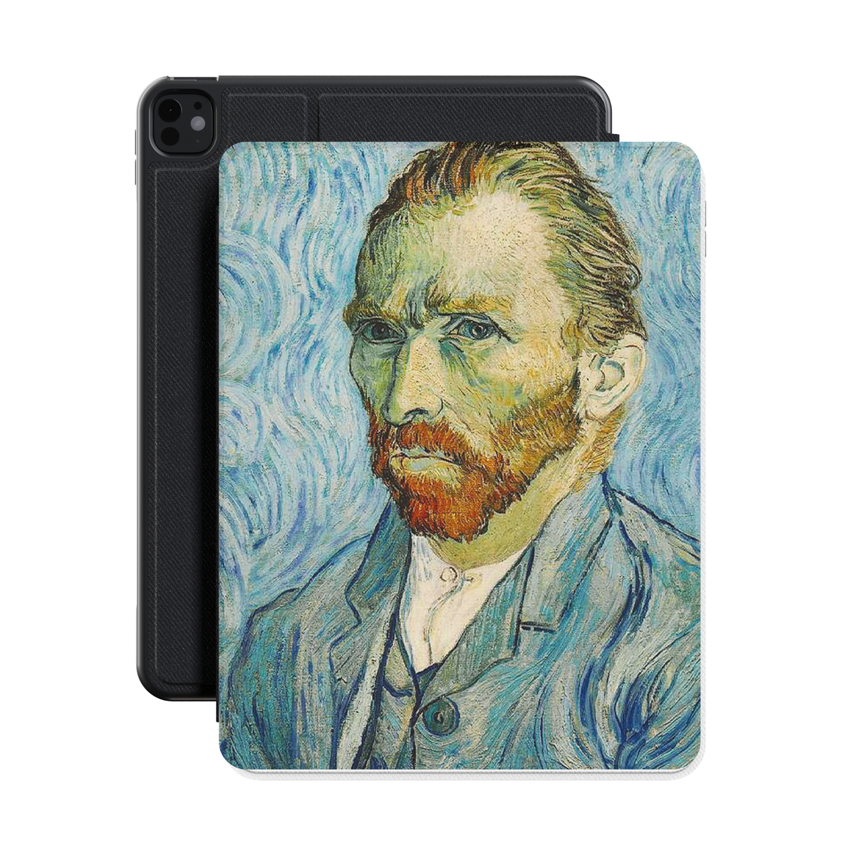 Van Gogh Portrait iPad case standing in front of a black iPad