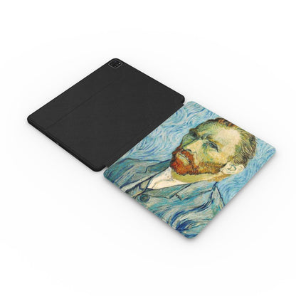 Van Gogh Portrait iPad case opened flat showing the printed front and black back