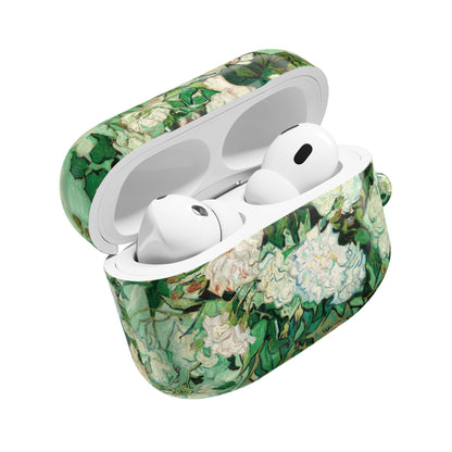 Van Gogh Roses AirPods case open with AirPods inside