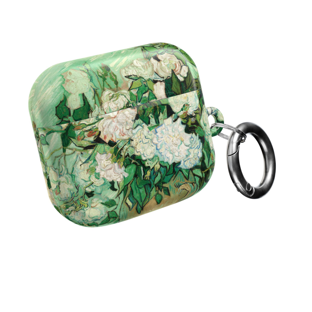 Van Gogh Roses AirPods case closed, with the carabiner clip