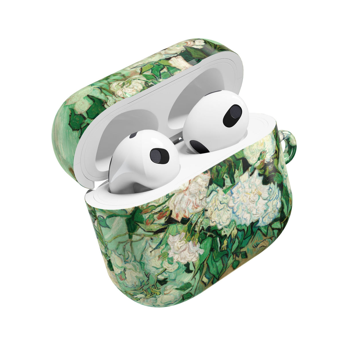 Van Gogh Roses AirPods case open at an angle