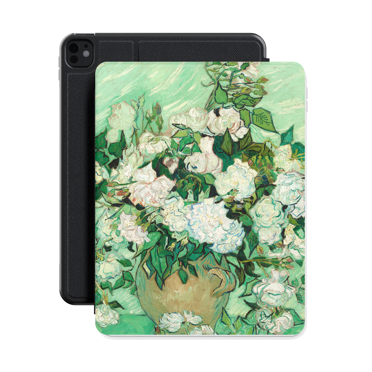 Van Gogh Roses iPad case standing in front of a black iPad