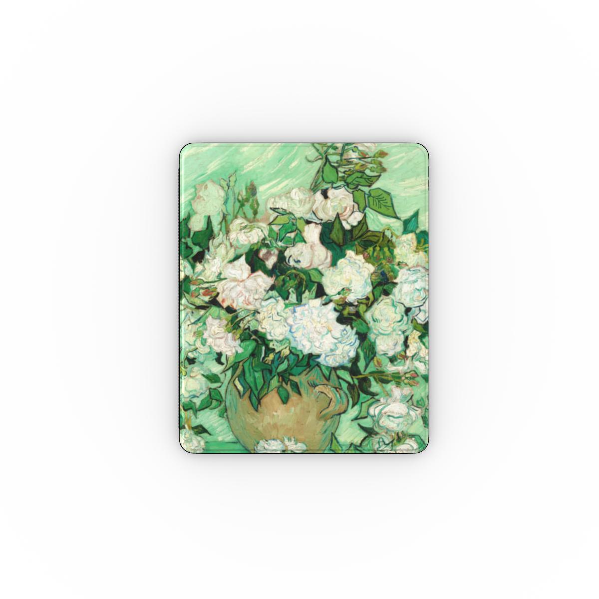Van Gogh Roses iPad case front cover with white roses in a jar against green