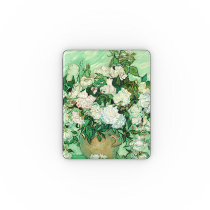 Van Gogh Roses iPad case front cover with white roses in a jar against green