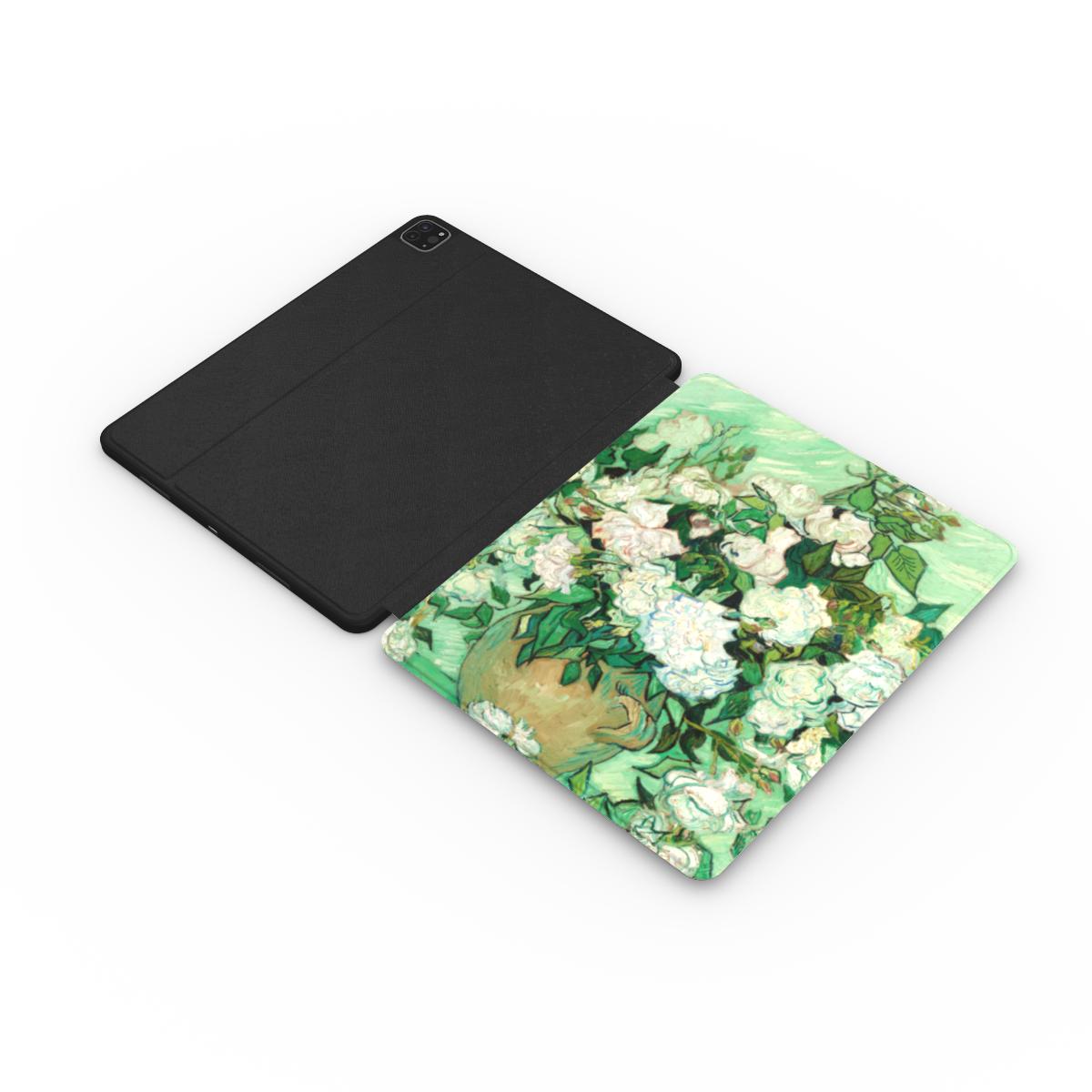 Van Gogh Roses iPad case opened flat showing the printed front and black back