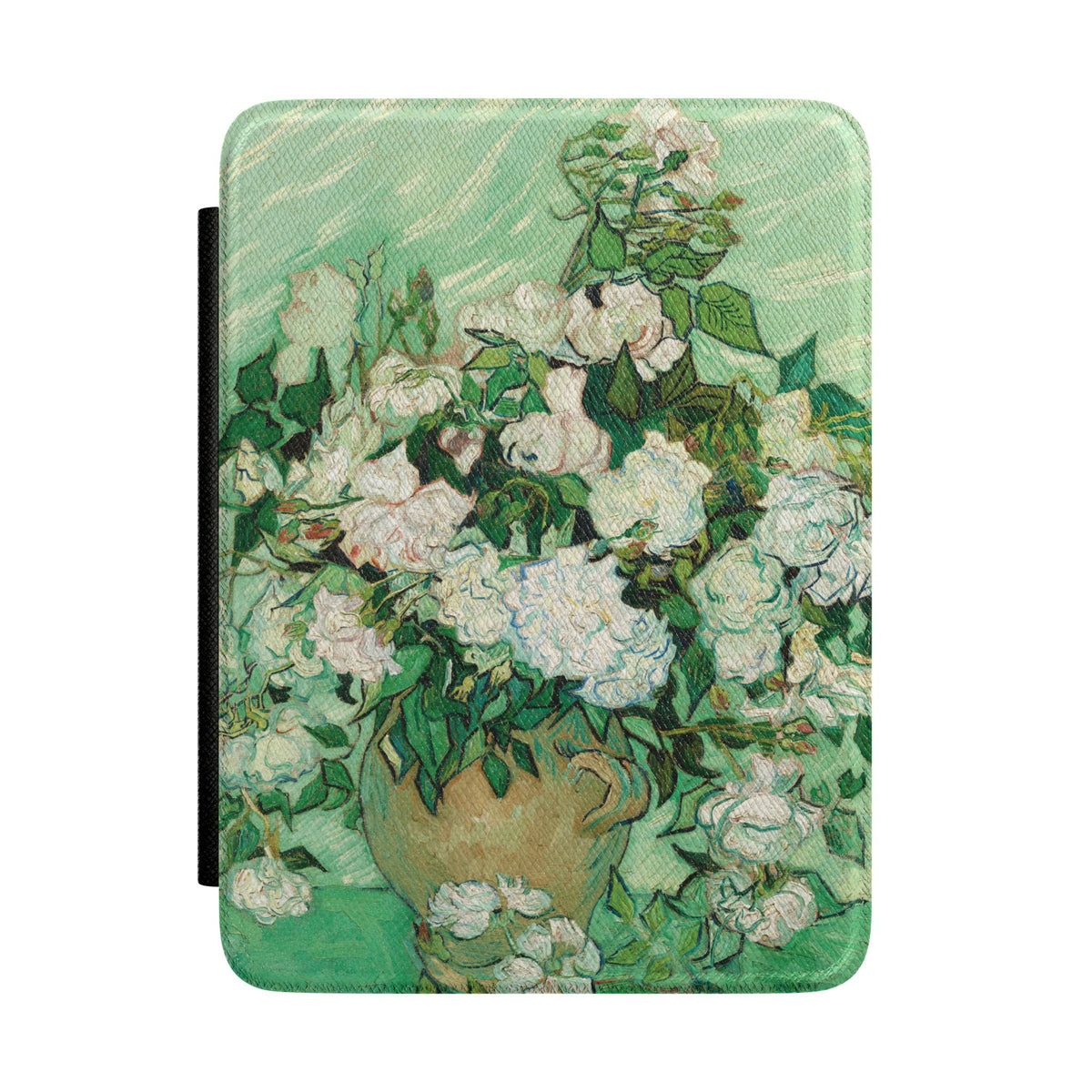 Van Gogh Roses Kindle case front cover with white roses in a jar against green