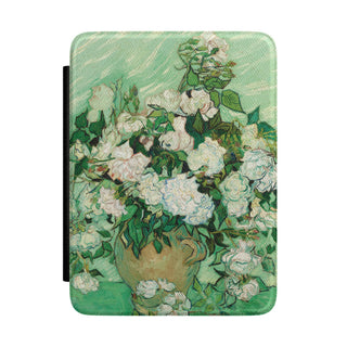 Van Gogh Roses Kindle case front cover with white roses in a jar against green