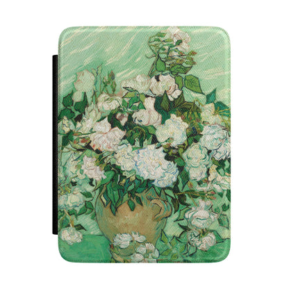 Van Gogh Roses Kindle case front cover with white roses in a jar against green